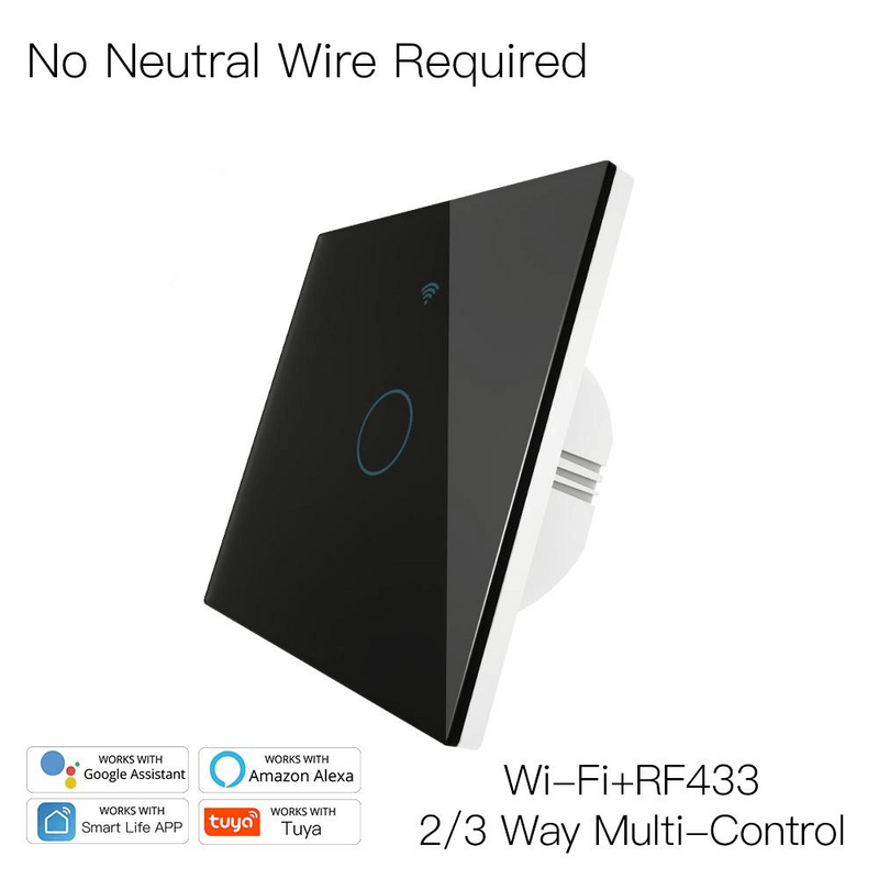 Intrerupator smart, WiFi+RF433, cu touch, fara nul, 1 canal, compatibil TuyaSmart, SmartLife, SmartThings, Google Home, Amazon Alexa, Culoare neagra, panou frontal din sticla