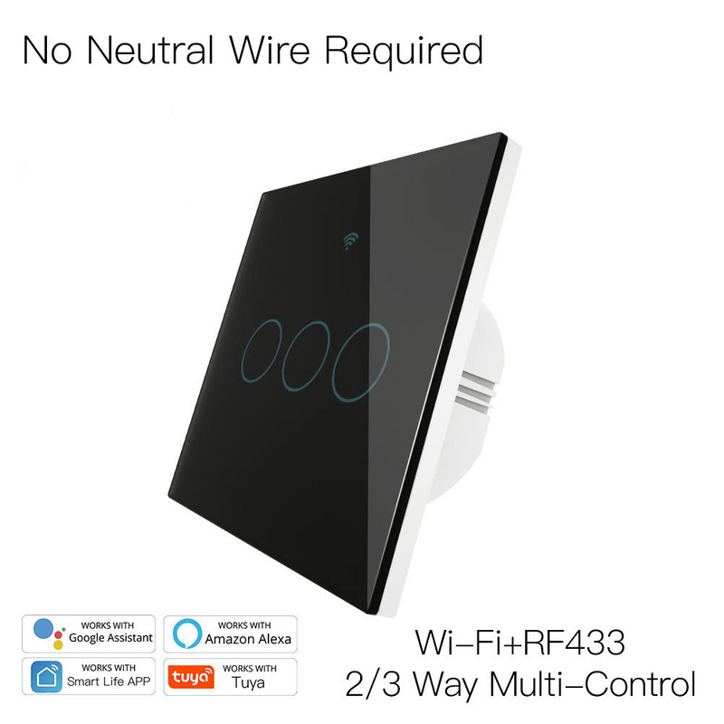 Intrerupator smart, WiFi+RF433, cu touch, fara nul, 3 canale, compatibil TuyaSmart, SmartLife, SmartThings, Google Home, Amazon Alexa, Culoare neagra, panou frontal din sticla