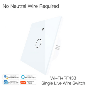 Intrerupator smart, WiFi+RF433, cu touch, fara nul, 1 canal, compatibil TuyaSmart, SmartLife, SmartThings, Google Home, Amazon Alexa, Culoare alba, panou frontal din sticla
