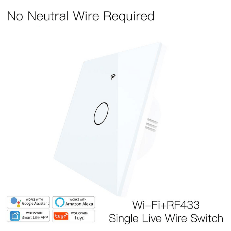 Intrerupator smart, WiFi+RF433, cu touch, fara nul, 1 canal, compatibil TuyaSmart, SmartLife, SmartThings, Google Home, Amazon Alexa, Culoare alba, panou frontal din sticla