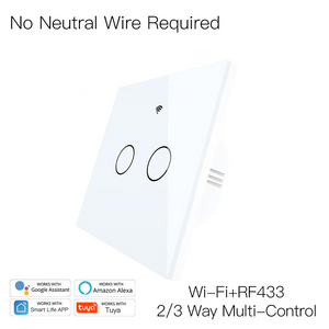 Intrerupator smart, WiFi+RF433, cu touch, fara nul, 2 canale, compatibil TuyaSmart, SmartLife, SmartThings, Google Home, Amazon Alexa, Culoare alba, panou frontal din sticla