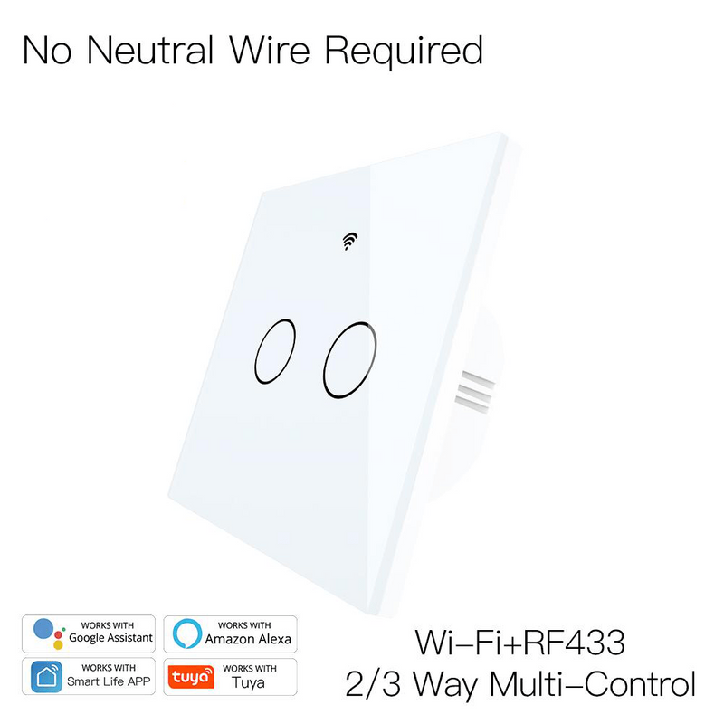 Intrerupator smart, WiFi+RF433, cu touch, fara nul, 2 canale, compatibil TuyaSmart, SmartLife, SmartThings, Google Home, Amazon Alexa, Culoare alba, panou frontal din sticla