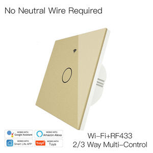 Intrerupator smart, WiFi+RF433, cu touch, fara nul, 1 canal, compatibil TuyaSmart, SmartLife, SmartThings, Google Home, Amazon Alexa, Culoare gold, panou frontal din sticla