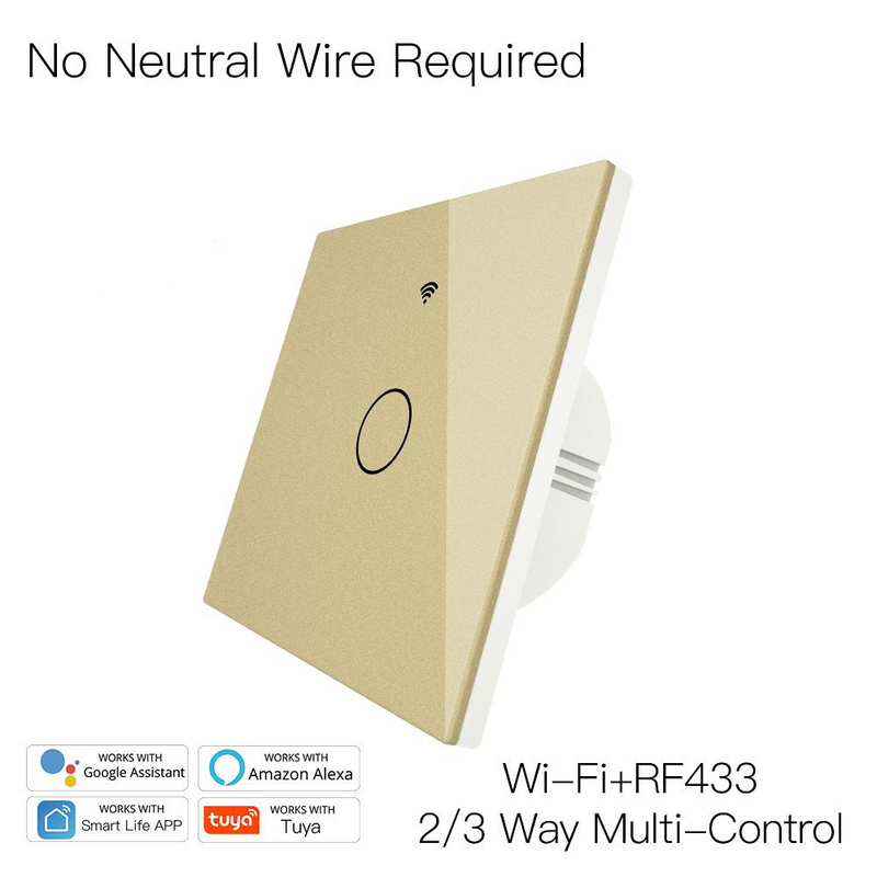 Intrerupator smart, WiFi+RF433, cu touch, fara nul, 1 canal, compatibil TuyaSmart, SmartLife, SmartThings, Google Home, Amazon Alexa, Culoare gold, panou frontal din sticla