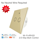 Intrerupator smart, WiFi+RF433, cu touch, fara nul, 2 canale, compatibil TuyaSmart, SmartLife, SmartThings, Google Home, Amazon Alexa, Culoare gold, panou frontal din sticla