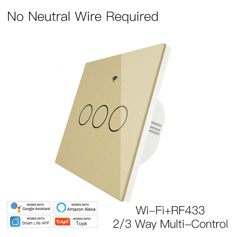 Intrerupator smart, WiFi+RF433, cu touch, fara nul, 3 canale, compatibil TuyaSmart, SmartLife, SmartThings, Google Home, Amazon Alexa, Culoare gold, panou frontal din sticla