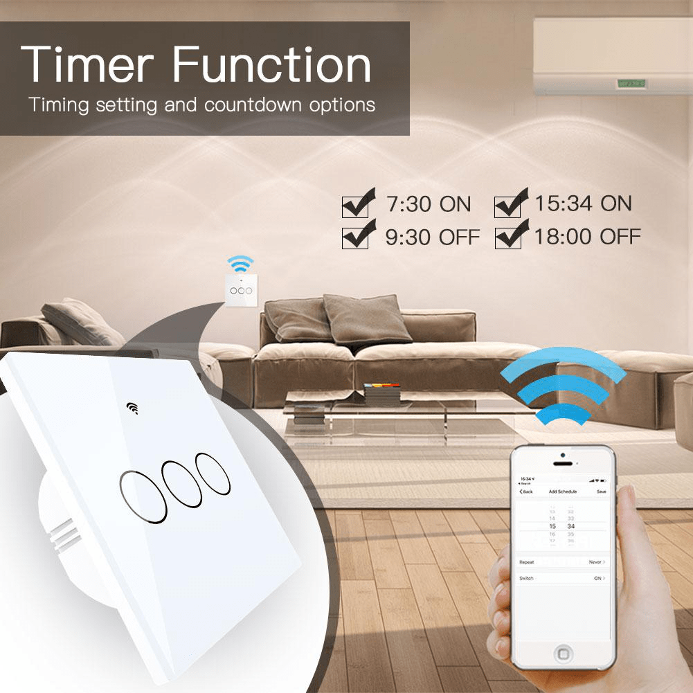 Intrerupator smart, WiFi+RF433, cu touch, fara nul, 3 canale, compatibil TuyaSmart, SmartLife, SmartThings, Google Home, Amazon Alexa, Culoare alba, panou frontal din sticla