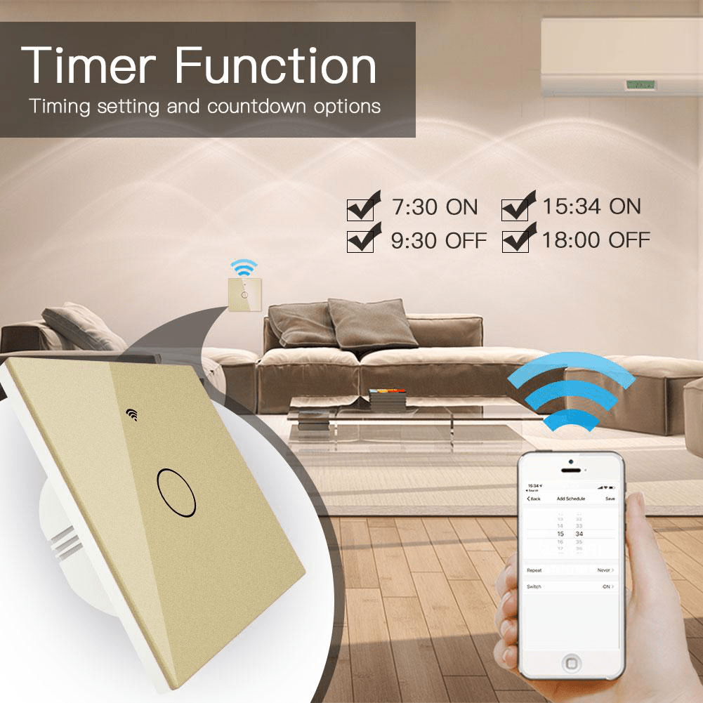 Intrerupator smart, WiFi+RF433, cu touch, fara nul, 1 canal, compatibil TuyaSmart, SmartLife, SmartThings, Google Home, Amazon Alexa, Culoare gold, panou frontal din sticla