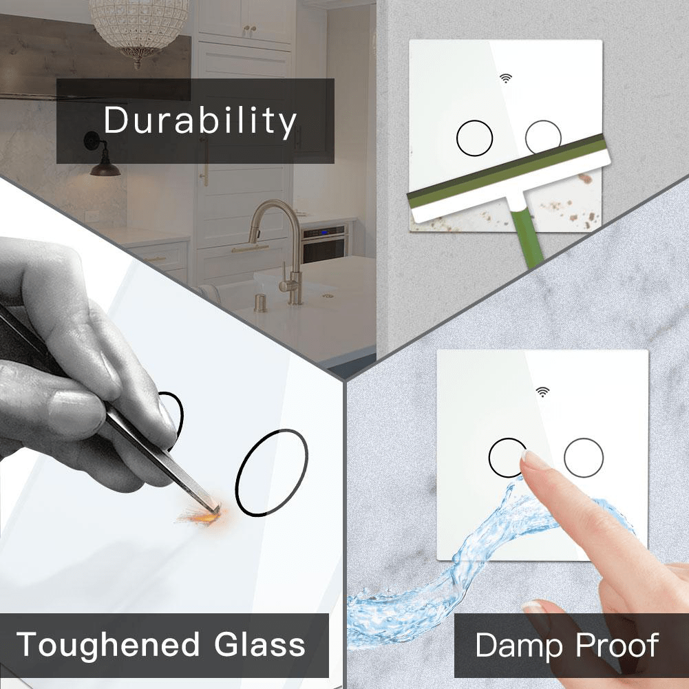 Intrerupator smart, WiFi+RF433, cu touch, fara nul, 2 canale, compatibil TuyaSmart, SmartLife, SmartThings, Google Home, Amazon Alexa, Culoare alba, panou frontal din sticla