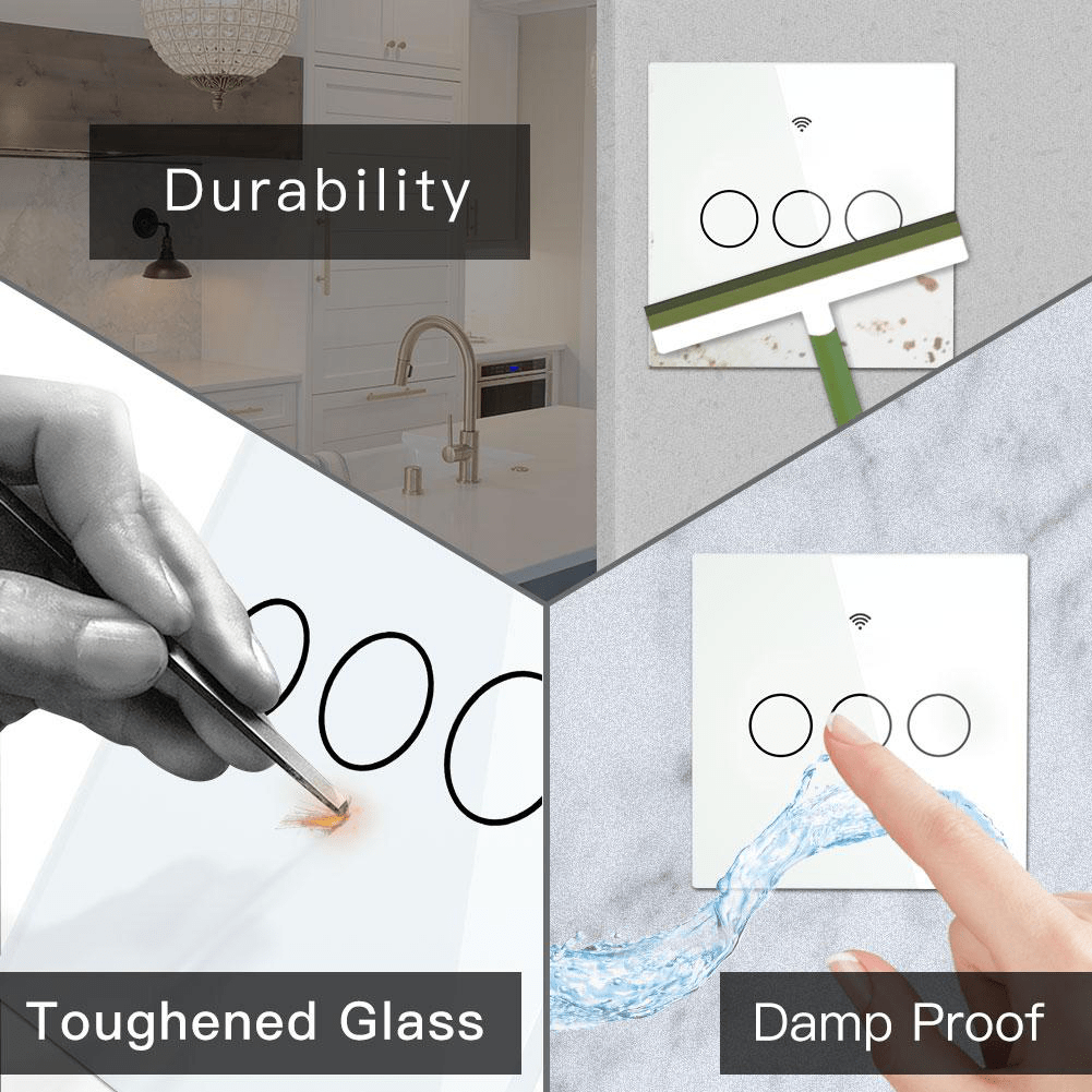 Intrerupator smart, WiFi+RF433, cu touch, fara nul, 3 canale, compatibil TuyaSmart, SmartLife, SmartThings, Google Home, Amazon Alexa, Culoare alba, panou frontal din sticla