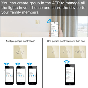 Intrerupator smart, WiFi+RF433, cu touch, fara nul, 2 canale, compatibil TuyaSmart, SmartLife, SmartThings, Google Home, Amazon Alexa, Culoare gold, panou frontal din sticla