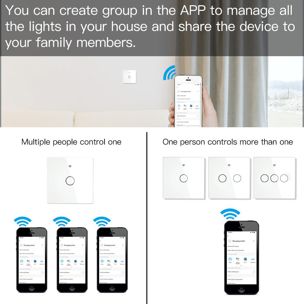 Intrerupator smart, WiFi+RF433, cu touch, fara nul, 1 canal, compatibil TuyaSmart, SmartLife, SmartThings, Google Home, Amazon Alexa, Culoare alba, panou frontal din sticla
