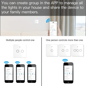 Intrerupator smart, WiFi+RF433, cu touch, fara nul, 2 canale, compatibil TuyaSmart, SmartLife, SmartThings, Google Home, Amazon Alexa, Culoare alba, panou frontal din sticla