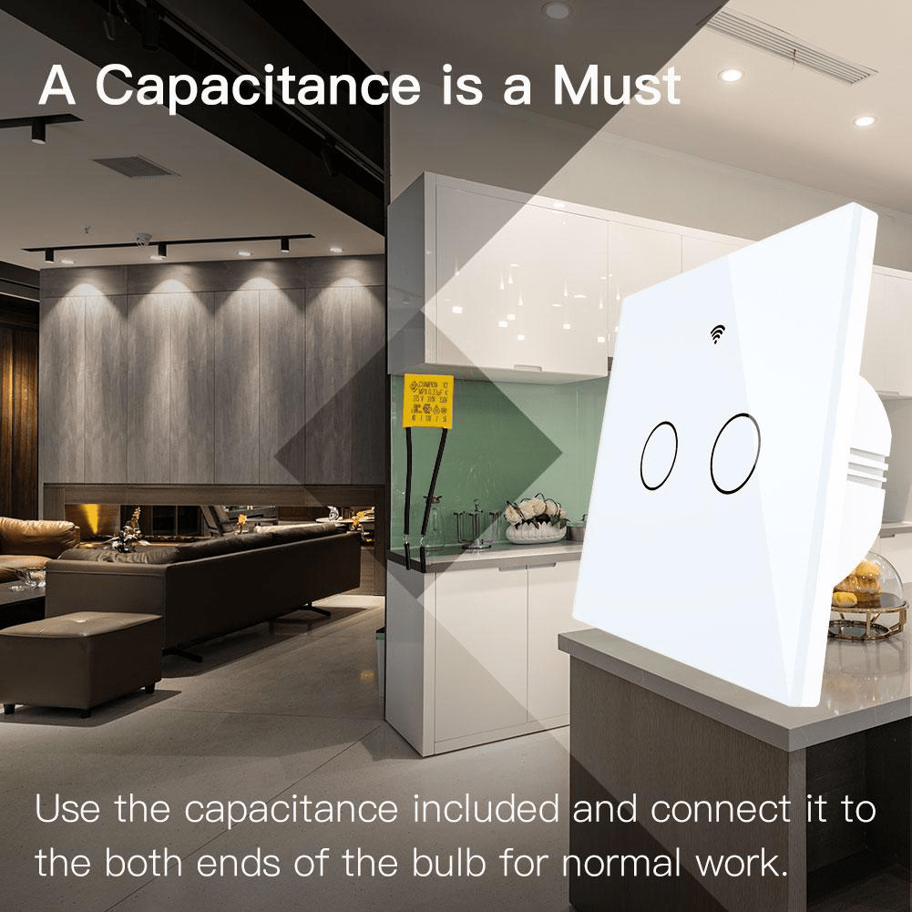 Intrerupator smart, WiFi+RF433, cu touch, fara nul, 2 canale, compatibil TuyaSmart, SmartLife, SmartThings, Google Home, Amazon Alexa, Culoare alba, panou frontal din sticla