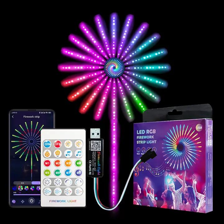 Instalatie artificii LED Smart, RGBIC, muzica, telecomanda si control din smartphone, multicolor
