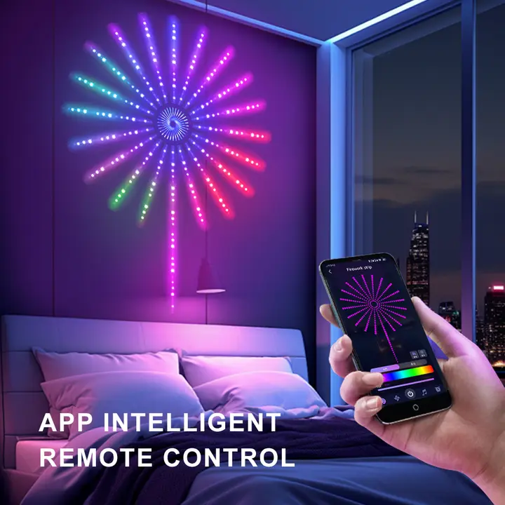 Instalatie artificii LED Smart, RGBIC, muzica, telecomanda si control din smartphone, multicolor