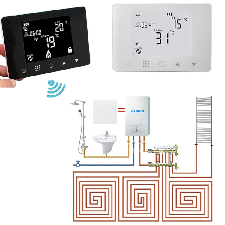 Termostat negru smart+RF pentru centrale termice gaz controlat prin RF si Internet compatibil Alexa si Google Home