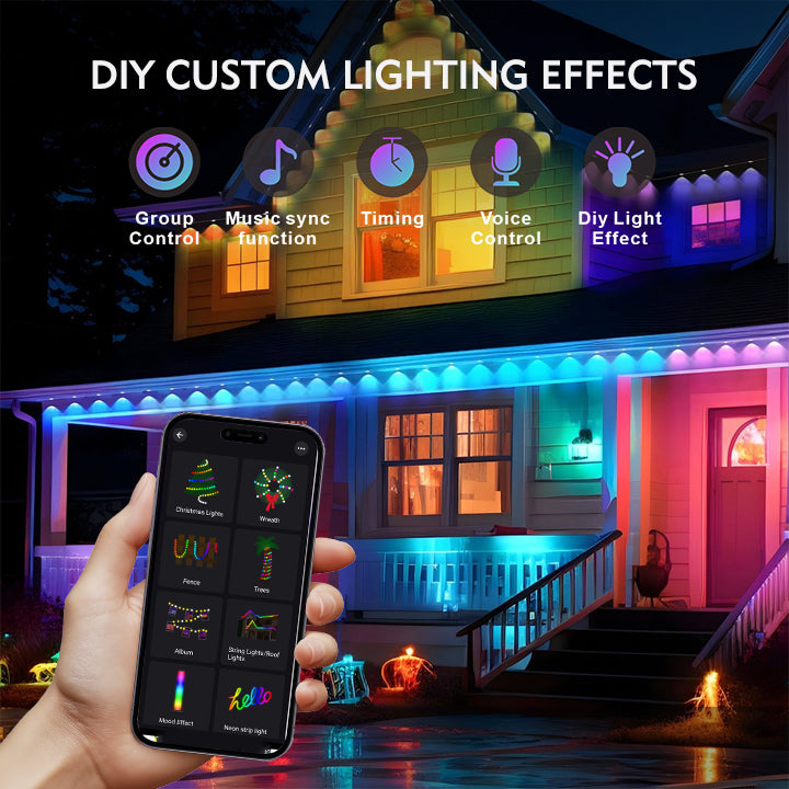 Lumini Inteligente Permanente lungime 15m pentru Exterior RGBIC – LED-uri pentru Acoperiș, IP67, Control prin Aplicație & Telecomandă, Moduri DIY, Perfecte pentru Casă, Sărbători și Petreceri