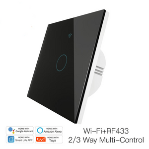 Intrerupator smart, WiFi+RF433, cu touch, cu nul, 1 canal, compatibil TuyaSmart, SmartLife, SmartThings, Google Home, Amazon Alexa, Culoare neagra, panou frontal din sticla