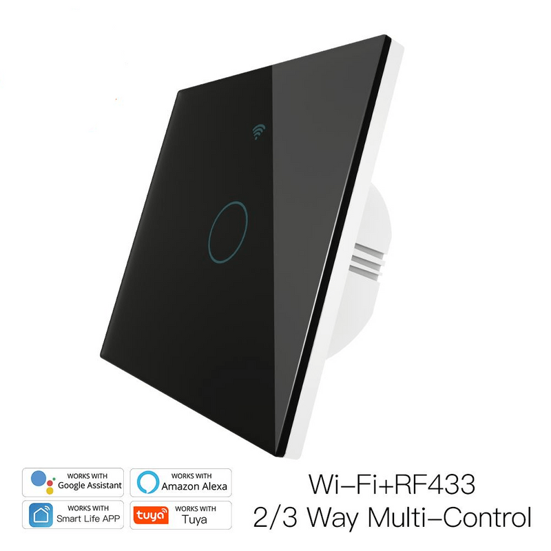 Intrerupator smart, WiFi+RF433, cu touch, cu nul, 1 canal, compatibil TuyaSmart, SmartLife, SmartThings, Google Home, Amazon Alexa, Culoare neagra, panou frontal din sticla