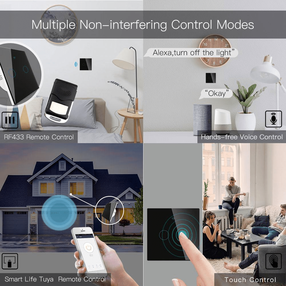 Intrerupator smart, WiFi+RF433, cu touch, fara nul, 2 canale, compatibil TuyaSmart, SmartLife, SmartThings, Google Home, Amazon Alexa, Culoare neagra, panou frontal din sticla