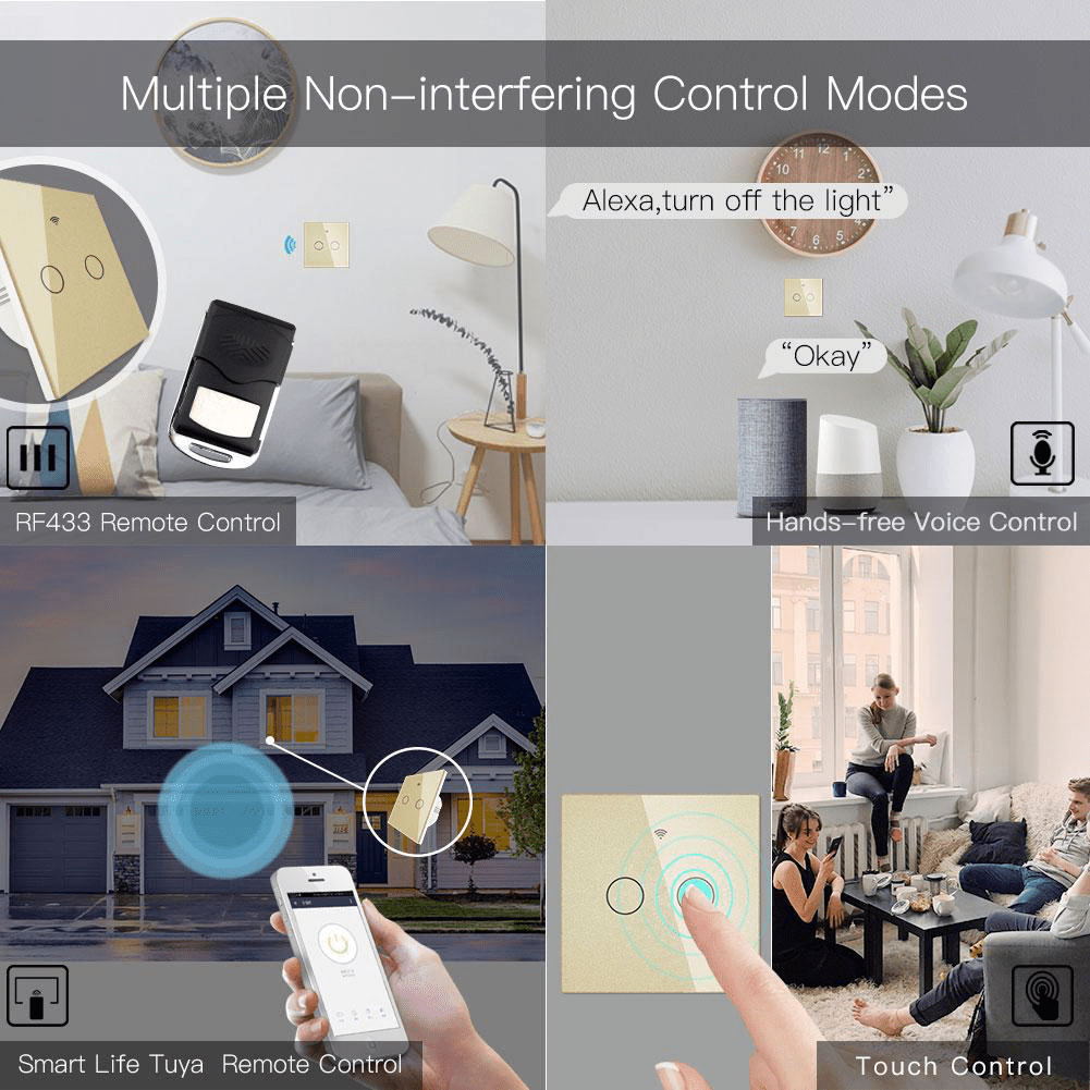 Intrerupator smart, WiFi+RF433, cu touch, fara nul, 2 canale, compatibil TuyaSmart, SmartLife, SmartThings, Google Home, Amazon Alexa, Culoare gold, panou frontal din sticla