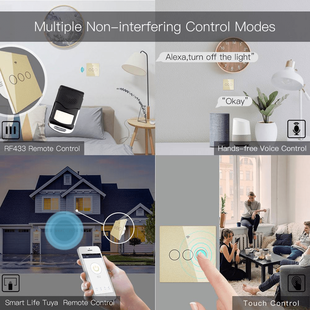 Intrerupator smart, WiFi+RF433, cu touch, fara nul, 3 canale, compatibil TuyaSmart, SmartLife, SmartThings, Google Home, Amazon Alexa, Culoare gold, panou frontal din sticla