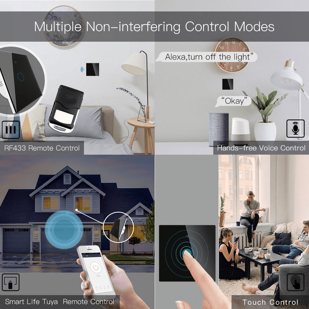 Intrerupator smart, WiFi+RF433, cu touch, cu nul, 1 canal, compatibil TuyaSmart, SmartLife, SmartThings, Google Home, Amazon Alexa, Culoare neagra, panou frontal din sticla