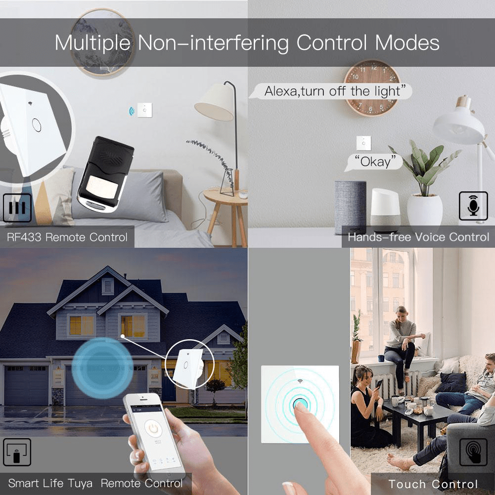 Intrerupator smart, WiFi+RF433, cu touch, fara nul, 1 canal, compatibil TuyaSmart, SmartLife, SmartThings, Google Home, Amazon Alexa, Culoare alba, panou frontal din sticla