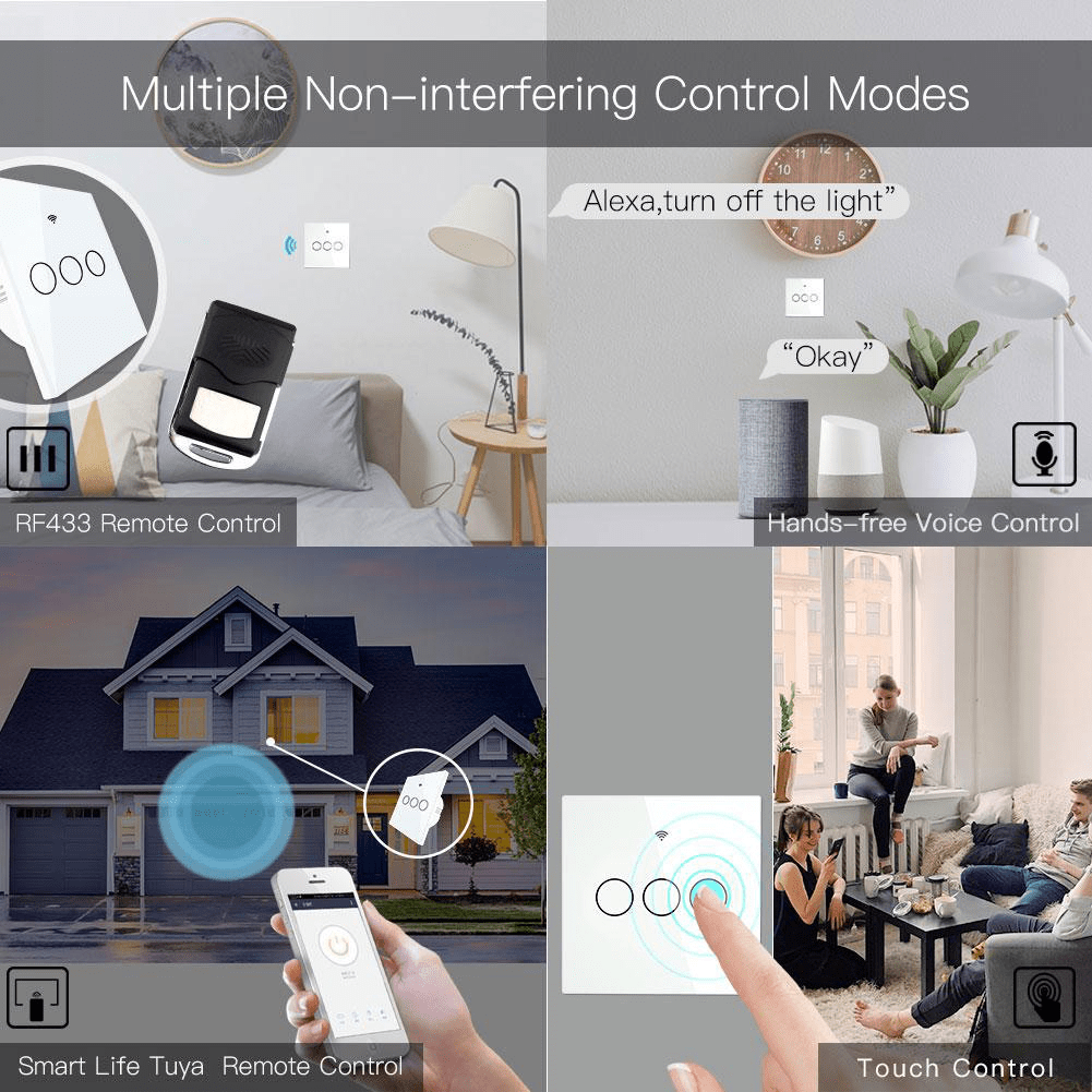 Intrerupator smart, WiFi+RF433, cu touch, fara nul, 3 canale, compatibil TuyaSmart, SmartLife, SmartThings, Google Home, Amazon Alexa, Culoare alba, panou frontal din sticla