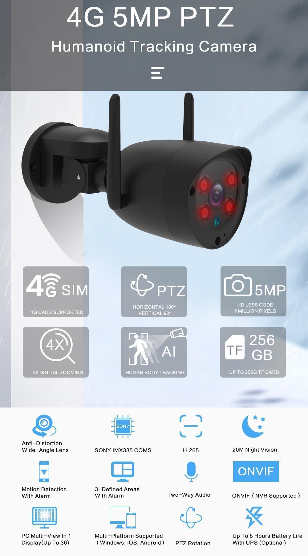 Camera supraveghere rotativa de exterior slot SIM 4G PTZ -5MP 2592*1944P comunicare bidirectionala, functie de auto urmarire subiect, night vision, aplicatie telefon