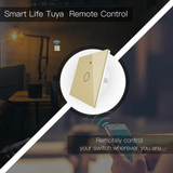 Intrerupator smart, WiFi+RF433, cu touch, fara nul, 1 canal, compatibil TuyaSmart, SmartLife, SmartThings, Google Home, Amazon Alexa, Culoare gold, panou frontal din sticla