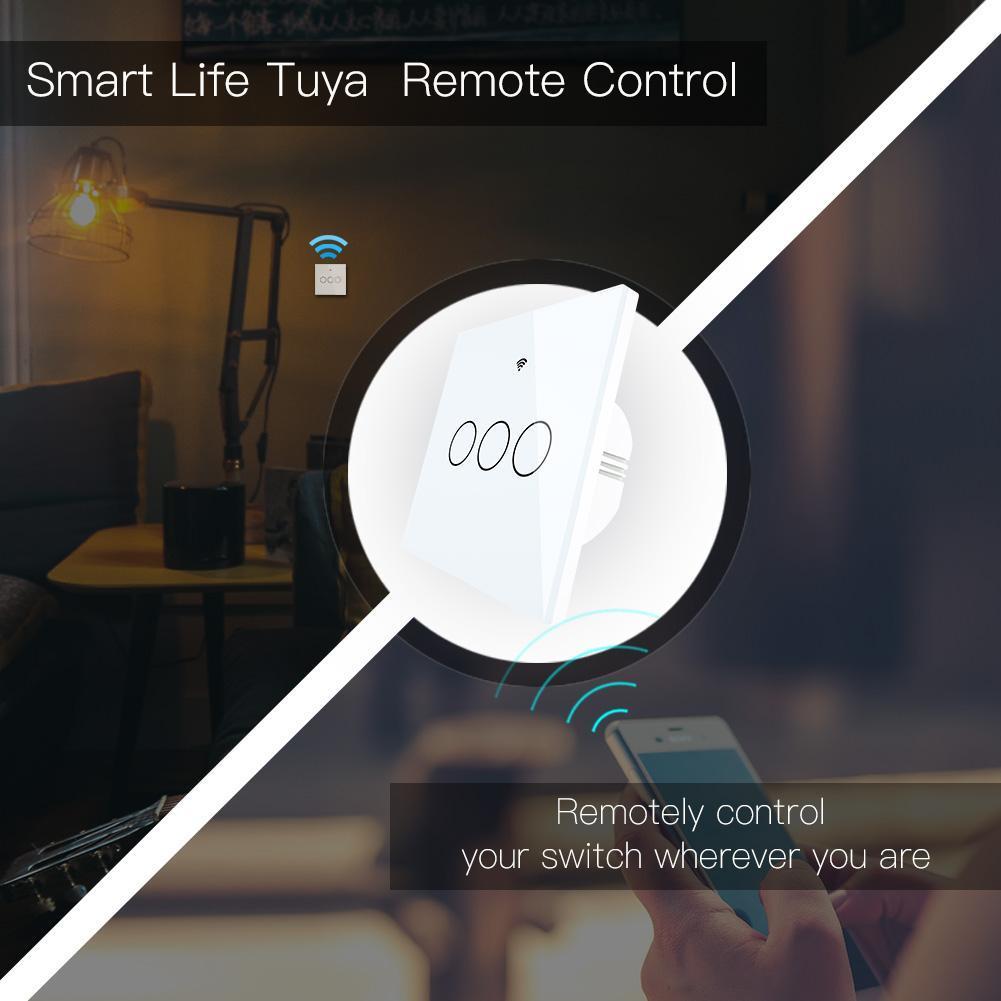 Intrerupator smart, WiFi+RF433, cu touch, fara nul, 3 canale, compatibil TuyaSmart, SmartLife, SmartThings, Google Home, Amazon Alexa, Culoare alba, panou frontal din sticla