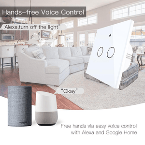 Intrerupator smart, WiFi+RF433, cu touch, fara nul, 2 canale, compatibil TuyaSmart, SmartLife, SmartThings, Google Home, Amazon Alexa, Culoare alba, panou frontal din sticla
