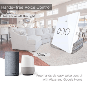 Intrerupator smart, WiFi+RF433, cu touch, fara nul, 3 canale, compatibil TuyaSmart, SmartLife, SmartThings, Google Home, Amazon Alexa, Culoare alba, panou frontal din sticla