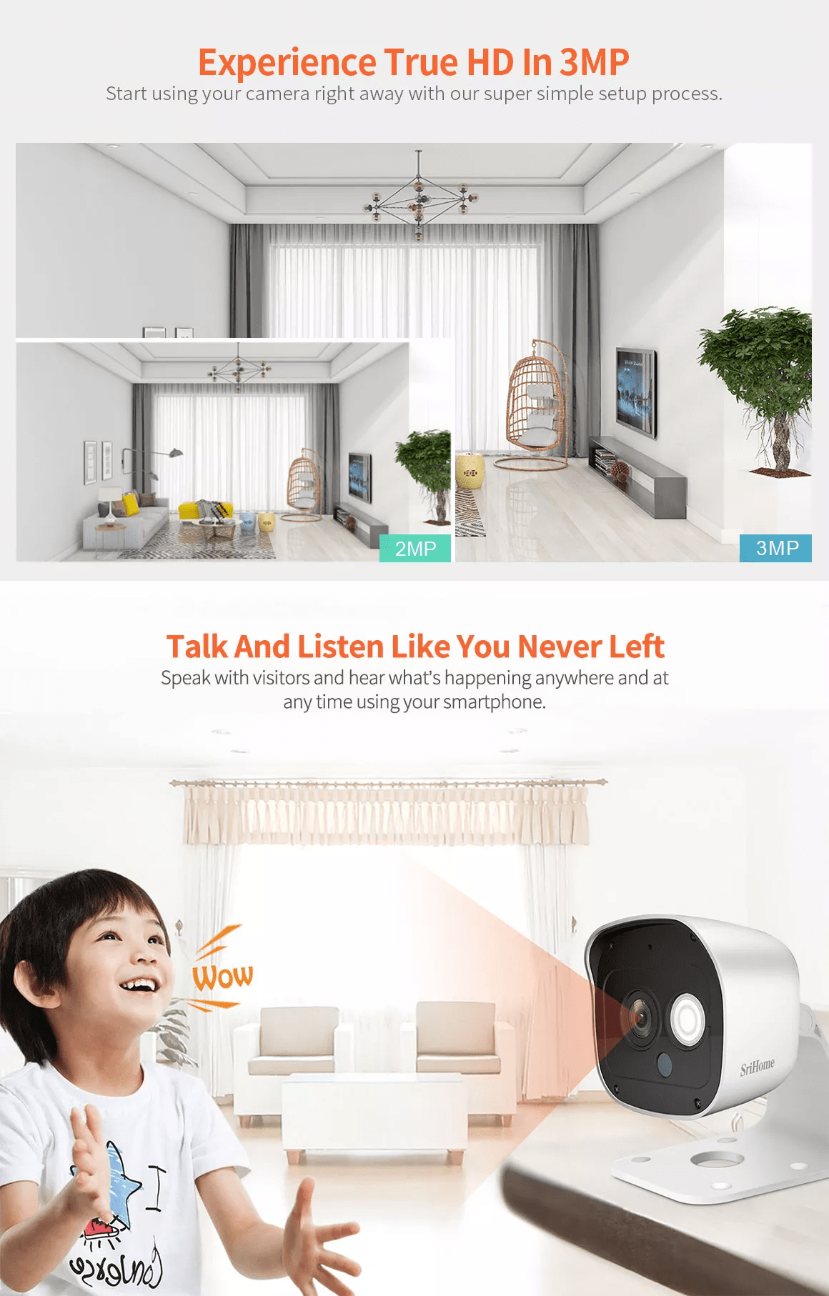 Cameră de supraveghere Wireless Sricam, SriHome, FullHD 3MP, Monitorizare Video Audio, Vedere nocturnă, Sunet bidirecțional, senzor mișcare