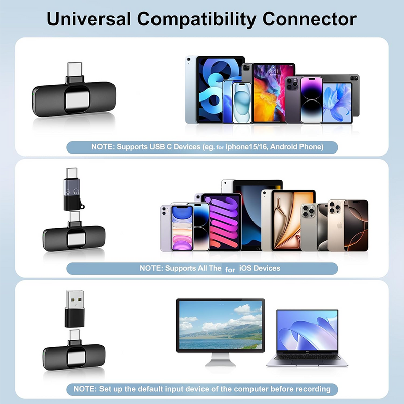 Microfon Lavalier Wireless Type-C - Set 2 Microfoane pentru Android & USB-C, Plug & Play, 12h Autonomie