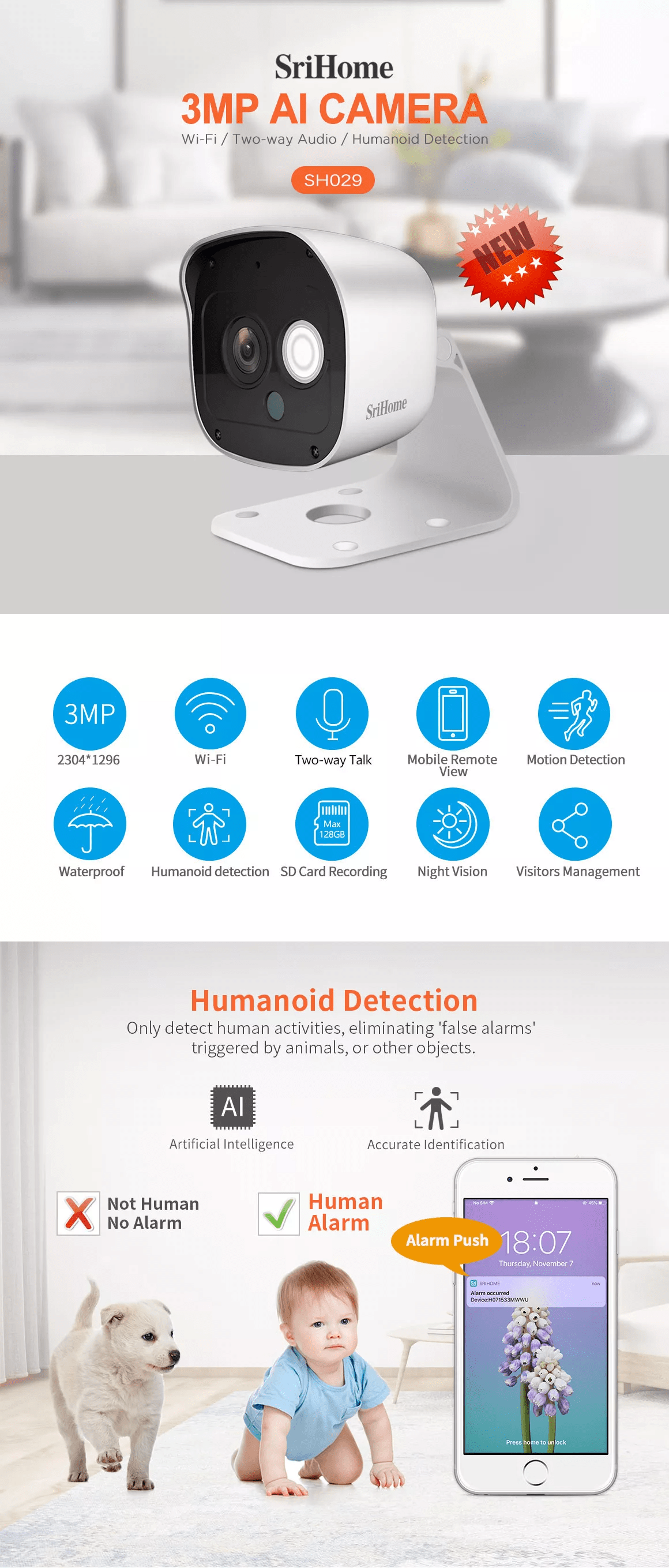 Cameră de supraveghere Wireless Sricam, SriHome, FullHD 3MP, Monitorizare Video Audio, Vedere nocturnă, Sunet bidirecțional, senzor mișcare