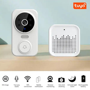 Mini Sonerie Video Wireless Tuya – Interfon 1080p, Viziune Nocturnă, Unghi 125°, Baterie Lungă Durată, Alb