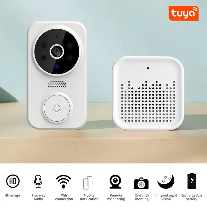 Mini Sonerie Video Wireless Tuya – Interfon 1080p, Viziune Nocturnă, Unghi 125°, Baterie Lungă Durată, Alb