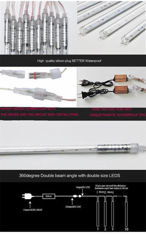 Instalație luminoasă, ploaie de meteoriți, 10 tuburi luminoase 50 cm, color