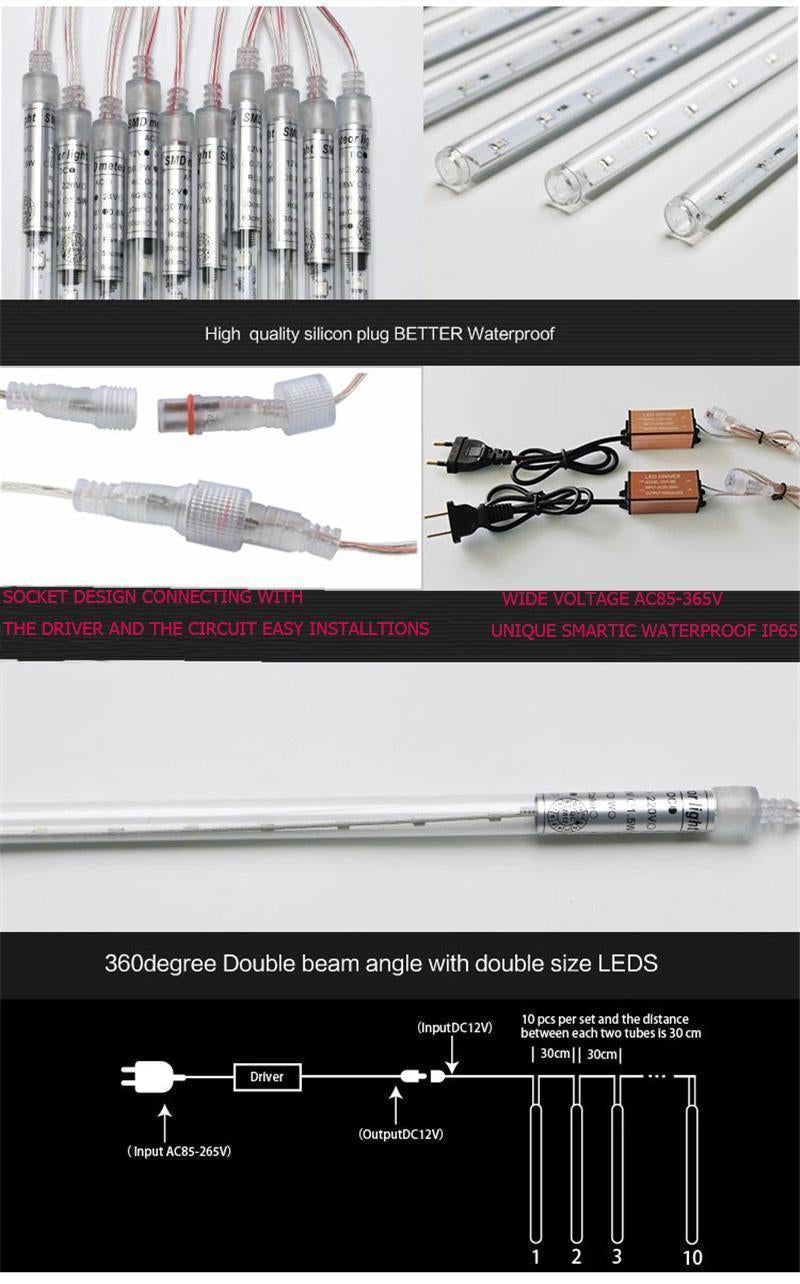 Instalație luminoasă, ploaie de meteoriți, 10 tuburi luminoase 50 cm, color