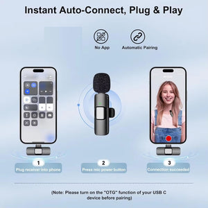 Microfon Lavalier Wireless Type-C - Set 2 Microfoane pentru Android & USB-C, Plug & Play, 12h Autonomie