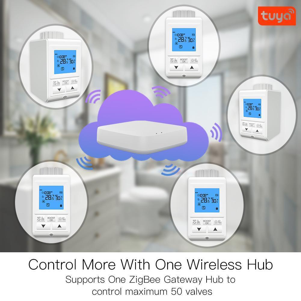 Robinet termostat smart WiFi pentru radiatoare, conectivitate prin hub Zigbee cu aplicatie Tuya, compatibilitate Amazon Alexa sau Google Home