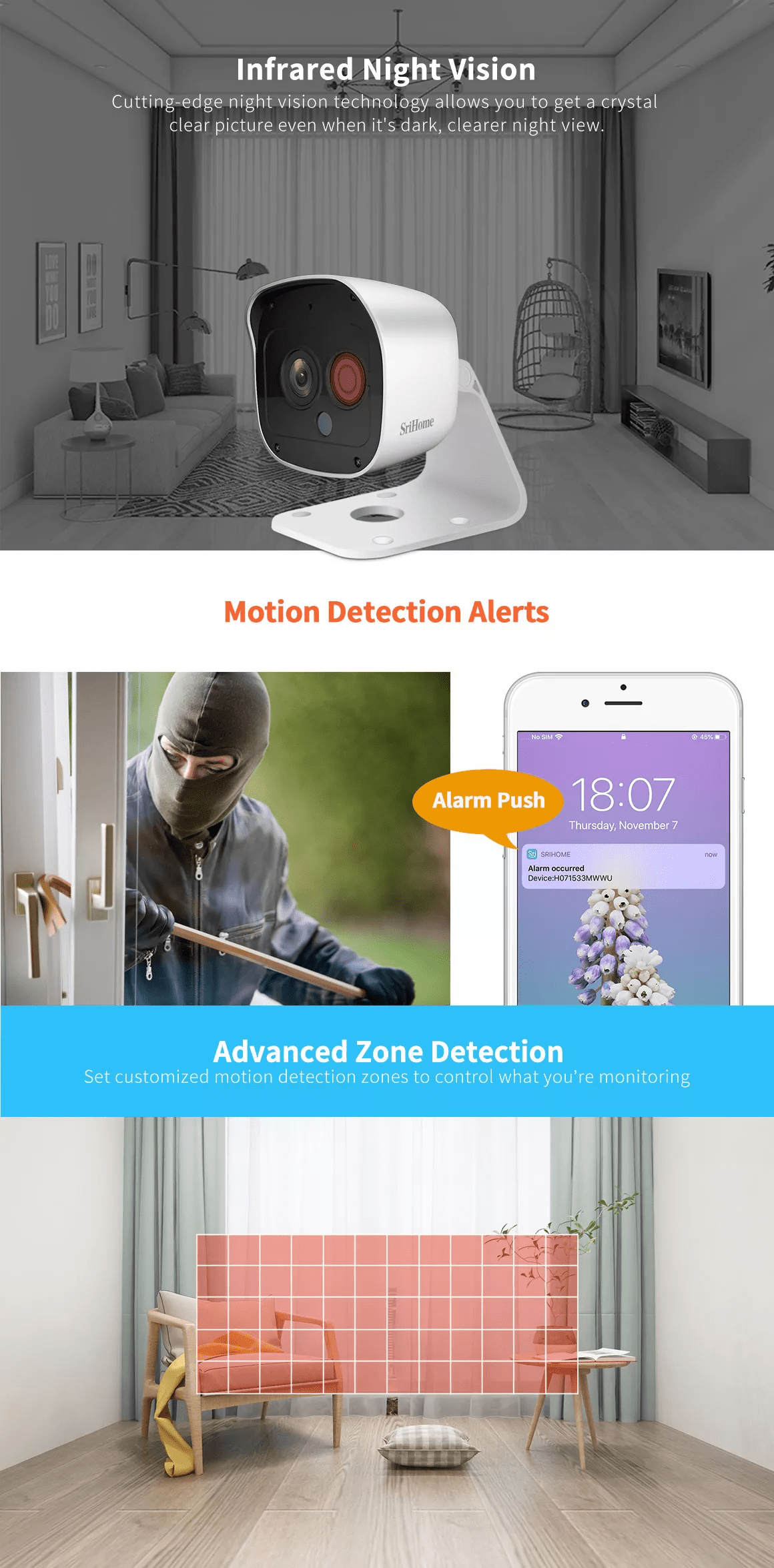 Cameră de supraveghere Wireless Sricam, SriHome, FullHD 3MP, Monitorizare Video Audio, Vedere nocturnă, Sunet bidirecțional, senzor mișcare