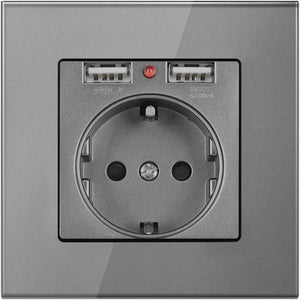 Priza simpla cu rama din sticla cu 2 porturi USB, grey