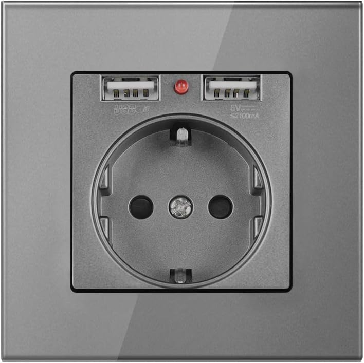 Priza simpla cu rama din sticla cu 2 porturi USB, grey