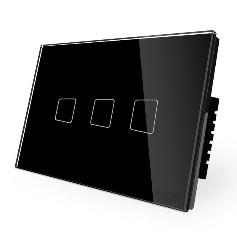 Intrerupator triplu touch, panou tactil de sticla, negru, model US