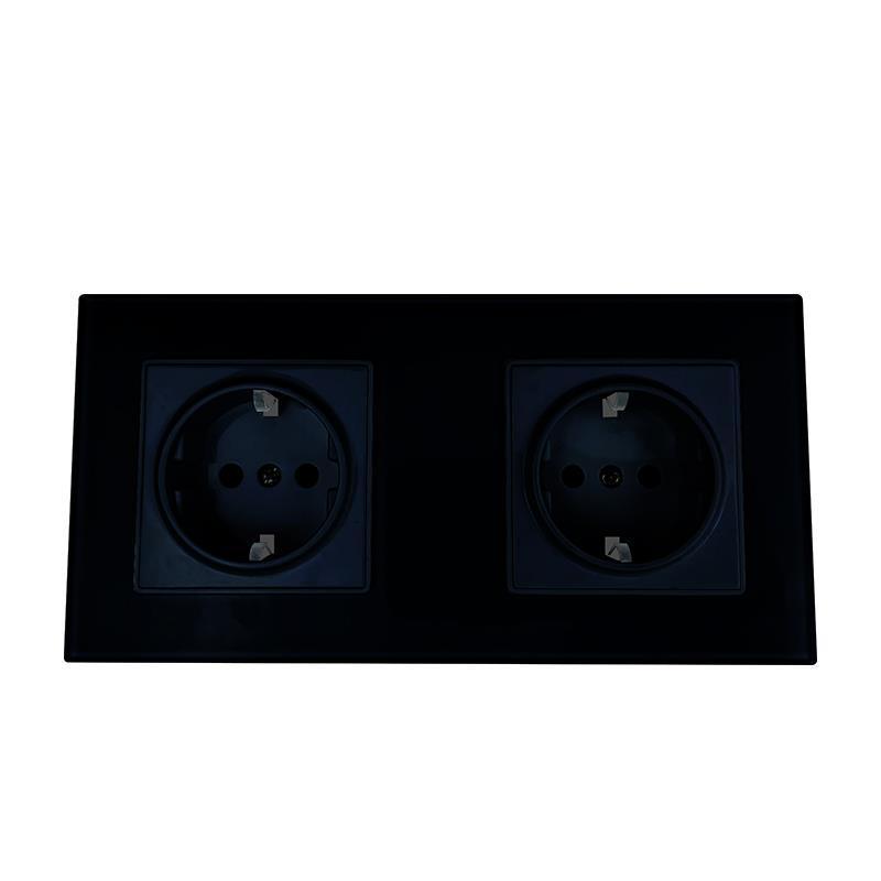 Priza dubla cu rama de sticla, neagra