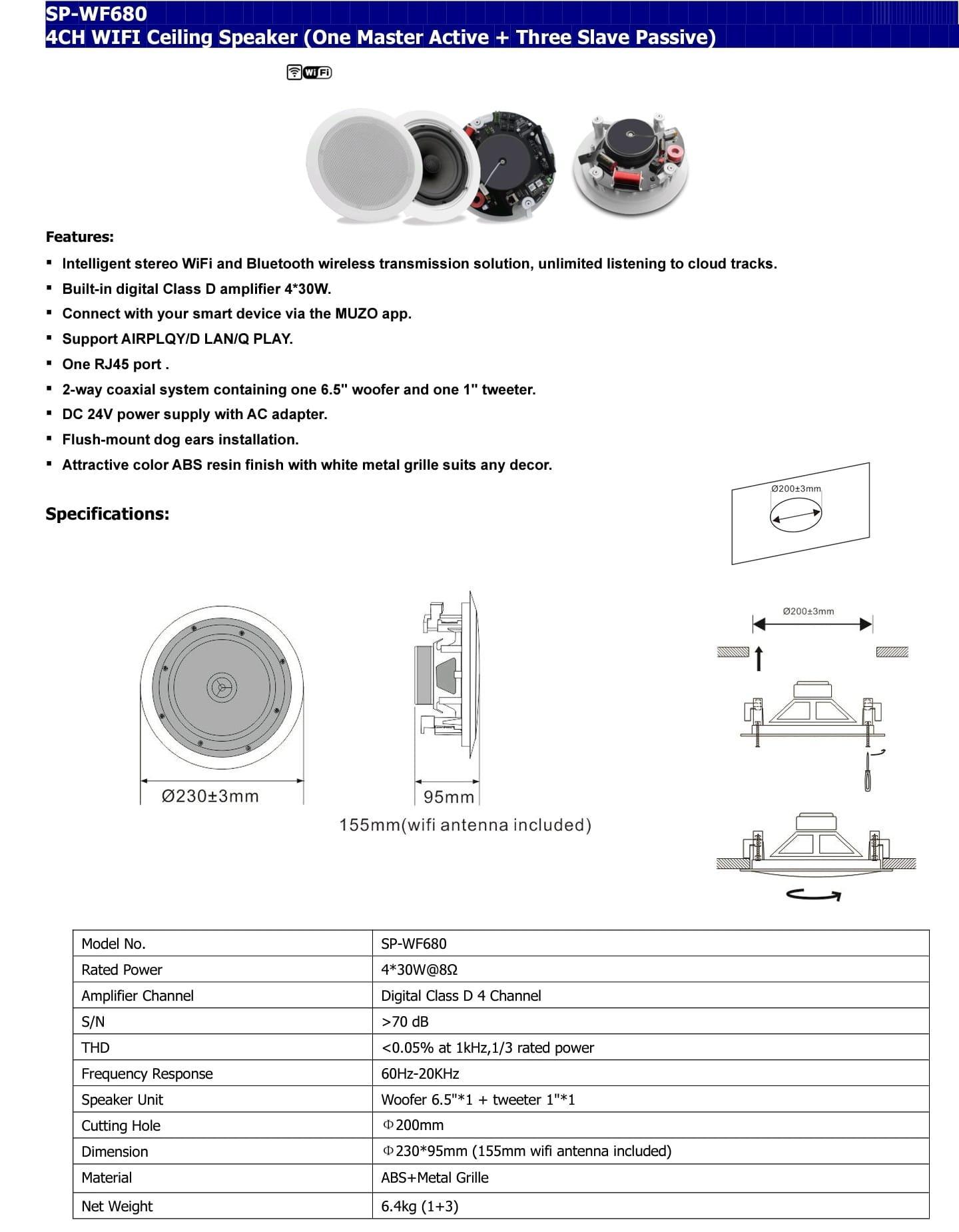 KIT 4 BOXE TAVAN WIFI/BLUETOOTH 6,5 INCH 30W*4